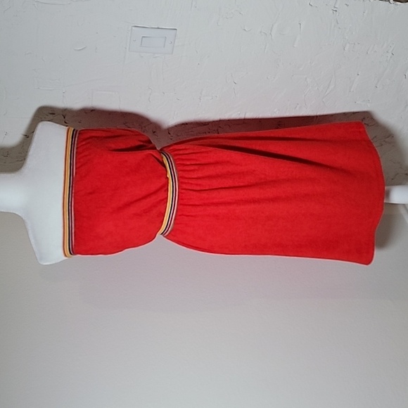 Vintage Vicky Vaughn Strapless Mini Dress Terrycloth Elastic Boho Red Rainbow  M - Picture 1 of 14